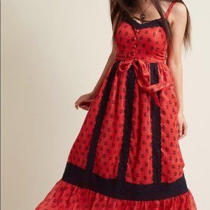 Modcloth Floral Red Dress with Black Lace Trim— size XL— maxi dress, bohemian